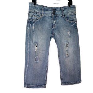 Bongo Light Blue Jeans Capri Distressed Destroyed Crop Mid Rise EUC Junior Sz 13